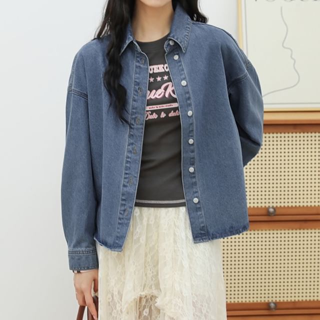 Magimomo-Long Sleeve Collared Washed Denim Shirt