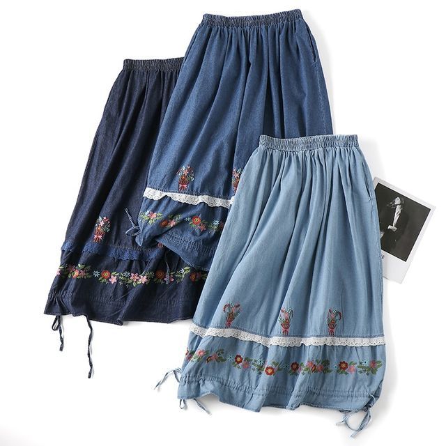 CosmoCorner Elastic Waist Flower Embroidered Denim Midi A-Line