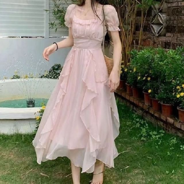 scoop neck short sleeve maxi dress Short-Sleeve Scoop Neck Plain Maxi A-Line Dress