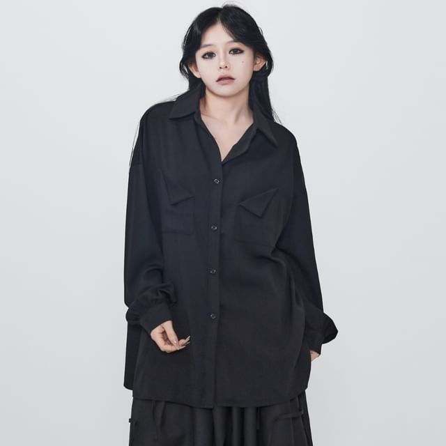 Ravenstem-Long-Sleeve Plain Button-Up Shirt