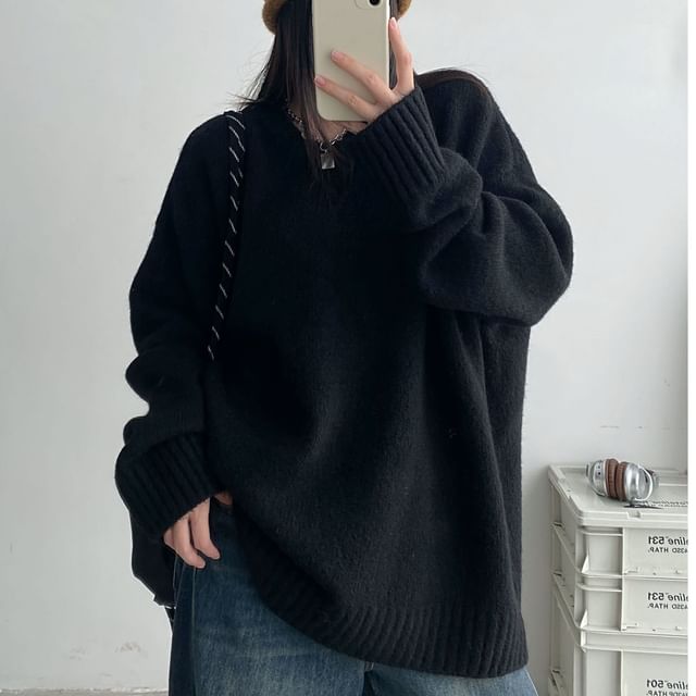 Cossita-Round Neck Drop Shoulder Plain Oversized Sweater