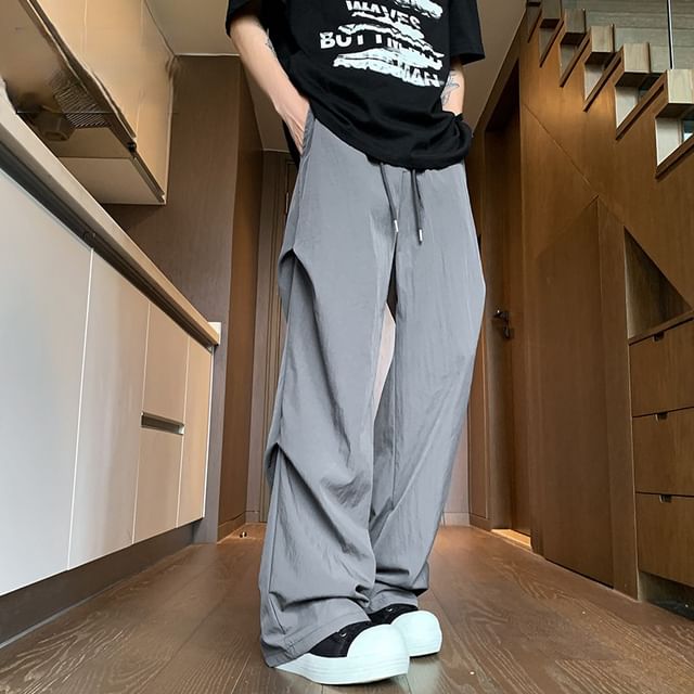 Diphon-Drawstring Waist Plain Ruched Straight Leg Pants Various Designs