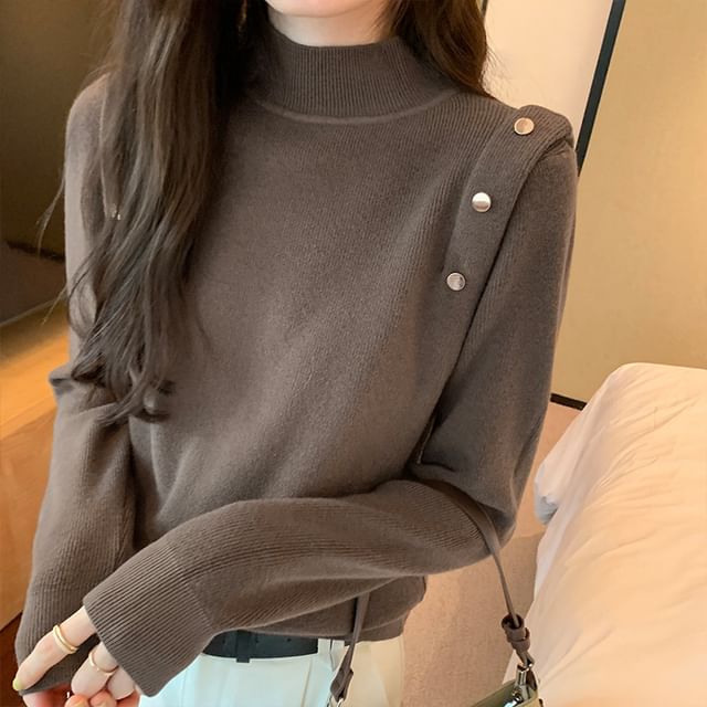 Odestra-Long-Sleeve Mock Neck Button Accent Ribbed Knit Top
