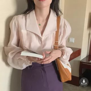 Jesong-Long-Sleeve Pleated Plain Shirt