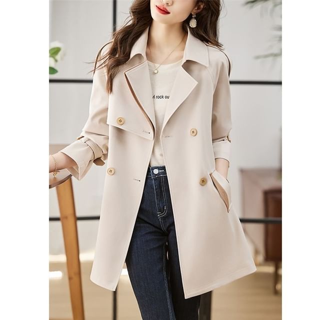 INEN-Plain Tie Waist Long Double-Breasted Trench Coat