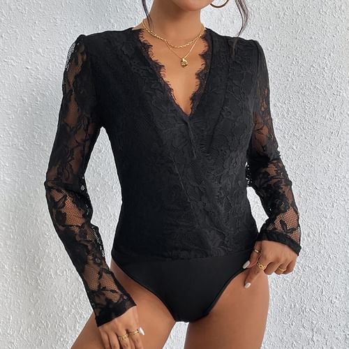Jimnora - Long-Sleeve Lace Bodysuit Top