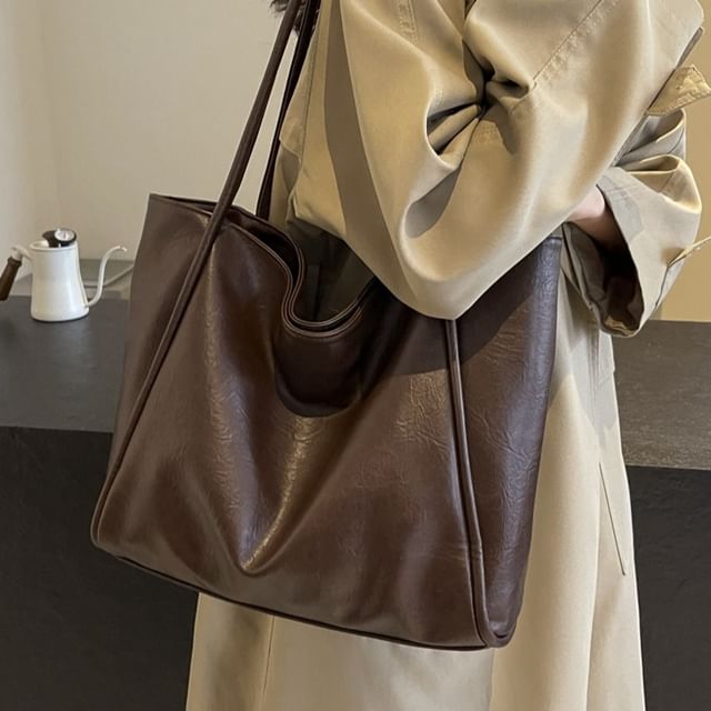 KOCORE-Plain Faux Leather Tote Bag
