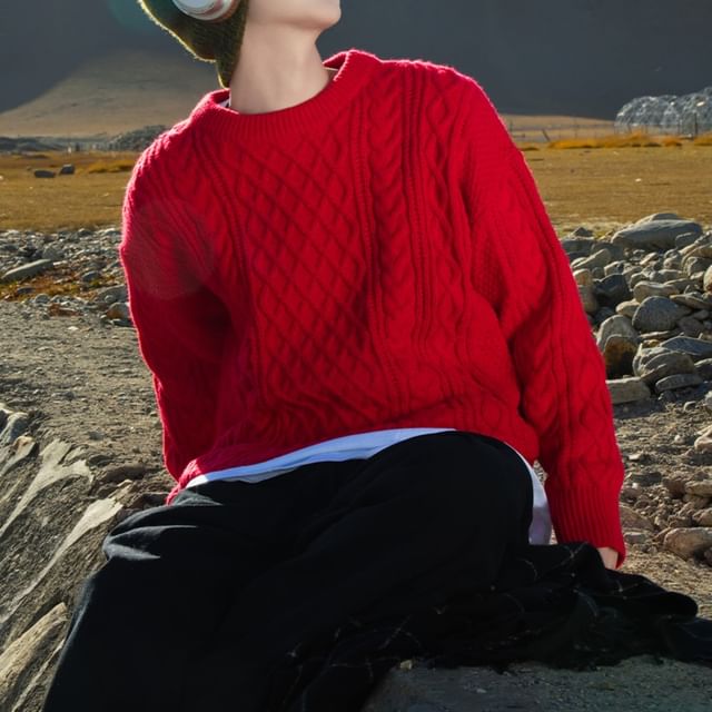 YERGO-Crew Neck Plain Cable-Knit Sweater