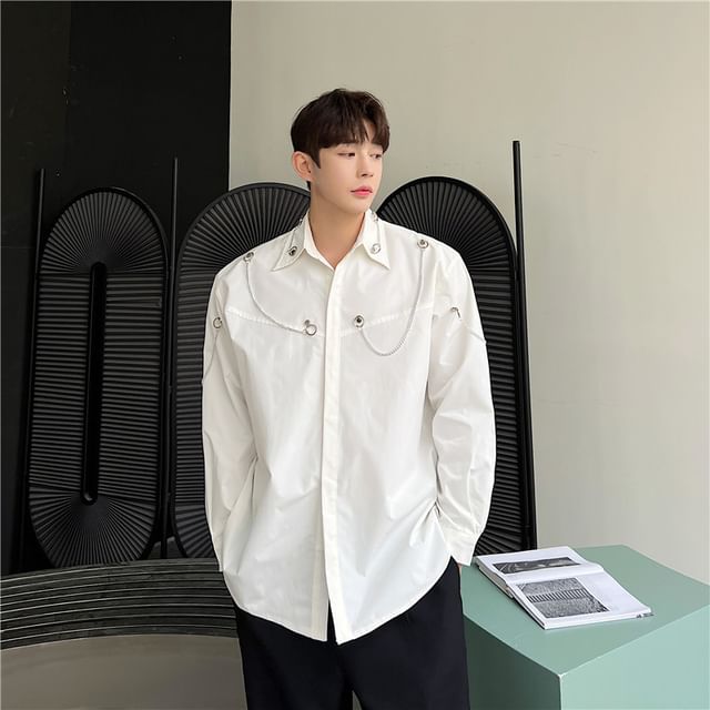 Omozando-Long Sleeve Collared Plain Panel Chain Shirt