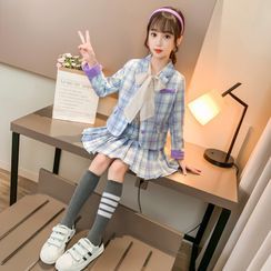 Pegasus - Set: Kids Plaid Blazer + Pleated Mini A-Line Skirt + Bell-Sleeve Blouse Pegasus - Set: Kids Plaid Blazer + Pleated Mini A-Line Skirt + Bell-Sleeve Blouse