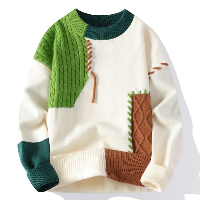 Priam-Crew Neck Color Block Cable Knit Sweater
