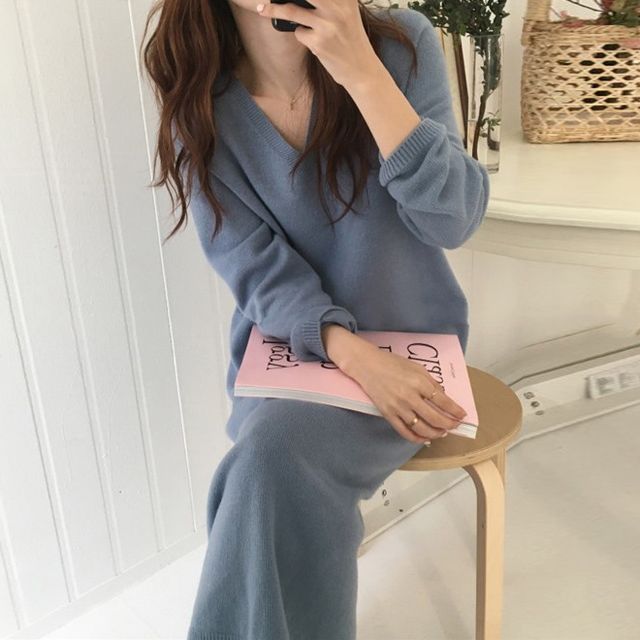 Gilmort - V-Neck A-Line Midi Sweater Dress | YesStyle Gilmort - V-Neck A-Line Midi Sweater Dress | YesStyle