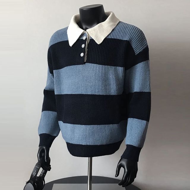 ROOSE-Drop Shoulder Striped Polo Collar Sweater