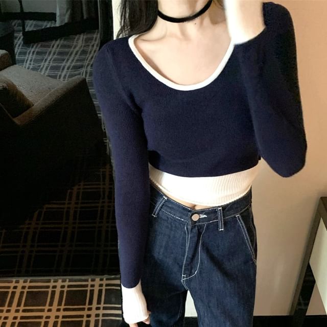 Yako-Long Sleeve Scoop Neck Two Tone Knit Top
