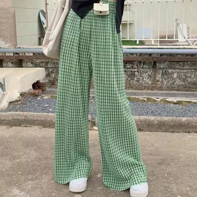 Everose-High Rise Gingham Wide Leg Pants