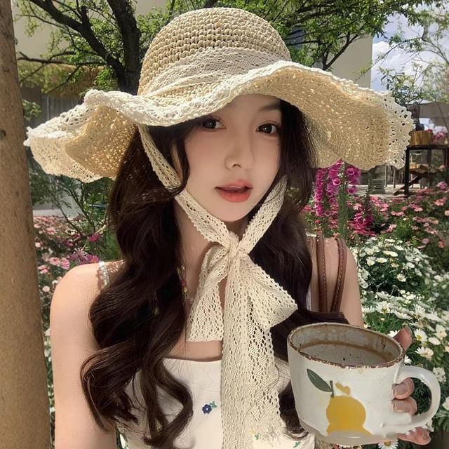 Pompabee-Lace Panel Straw Sun Hat