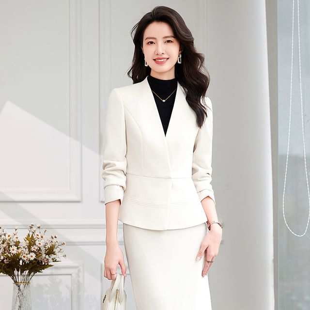 Skyheart-V-Neck Plain Blazer Pencil Skirt Set