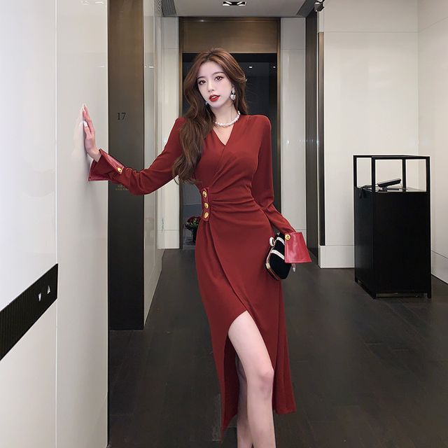Tanzil - Long-Sleeve V-Neck Plain Button Asymmetrical Panel Faux Leather  Midi Sheath Wrap Dress | YesStyle