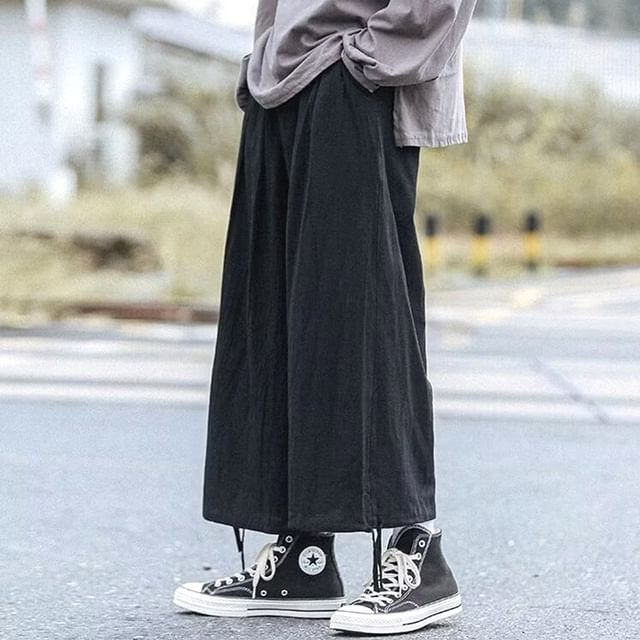 Lingaris-High Waist Plain Drawstring Crop Wide Leg Pants