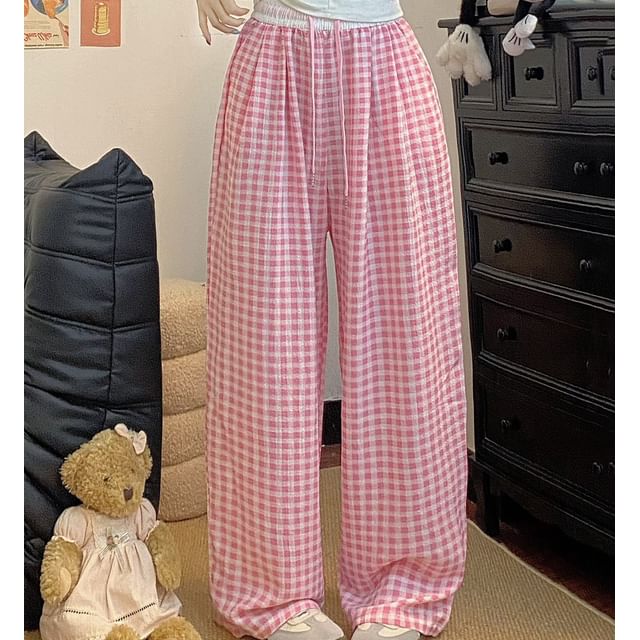 Trendycas-Drawstring Waist Plaid Wide Leg Pants