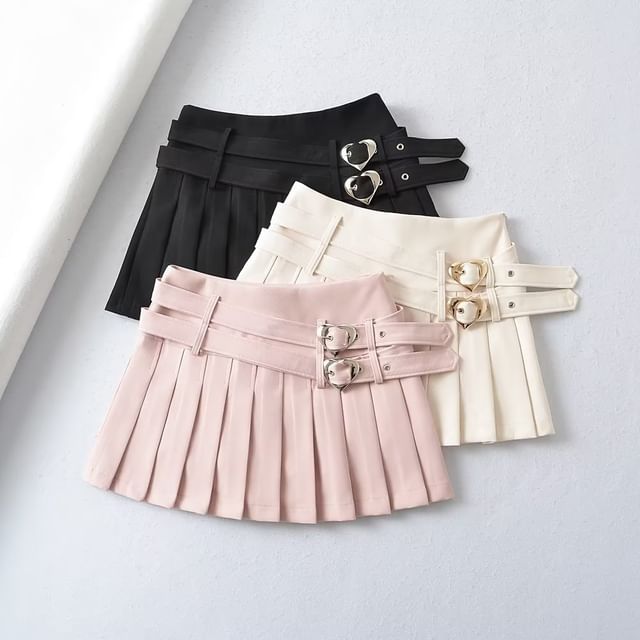 Osion - High Rise Plain Heart Buckled Pleated Mini A-Line Skirt | YesStyle