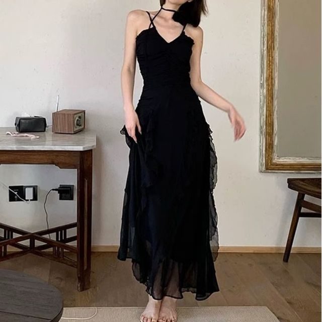 Flabogalop - Spaghetti Strap Plain Ruched Ruffle Maxi A-Line Dress |  YesStyle
