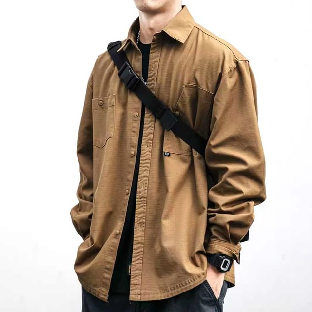 Naideth-Long-Sleeve Pocketed Plain Shirt