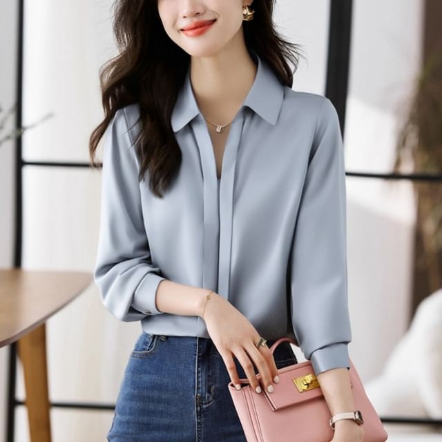 Dragan Pulse-Long Sleeve Collared Plain Satin Shirt