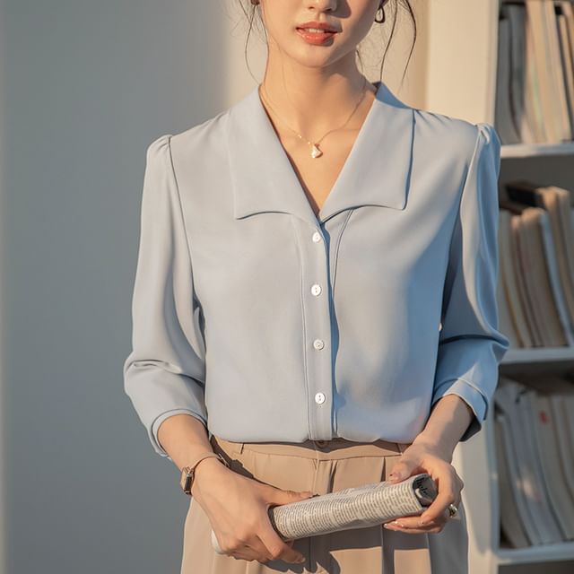 Dragan Pulse-Long Sleeve Collared Plain Blouse