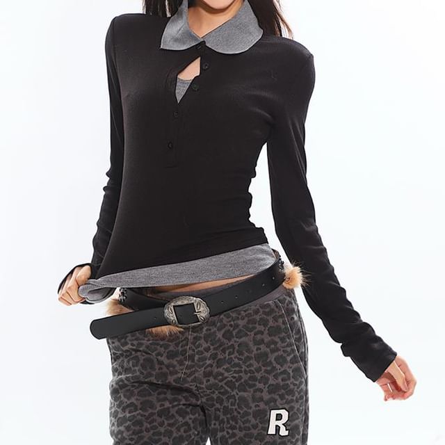 SPUCIKLEI-Long Sleeve Collared Mock Two Piece Button Top