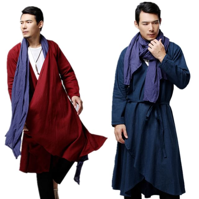 Sparrow Farm-Plain Tie Waist Asymmetrical Long Light Jacket