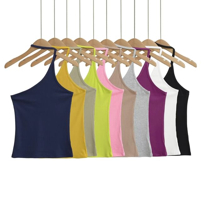 Asiris-Halter Neck one Shoulder Plain Camisole Top