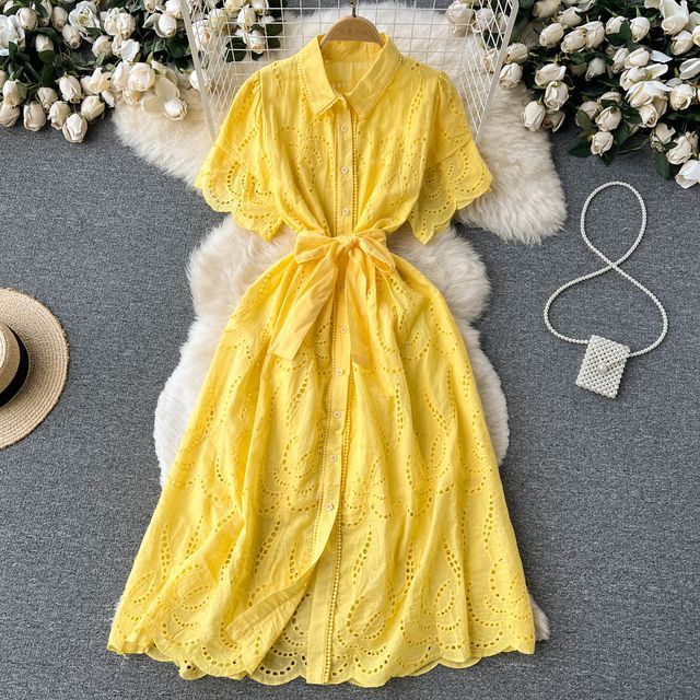 Lucuna - Puff-Sleeve Lapel Lace Cutout Medium Maxi Dress | YesStyle