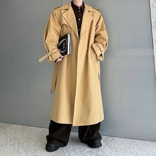 Omozando-Lapel Collar Plain Midi Double-Breasted Trench Coat