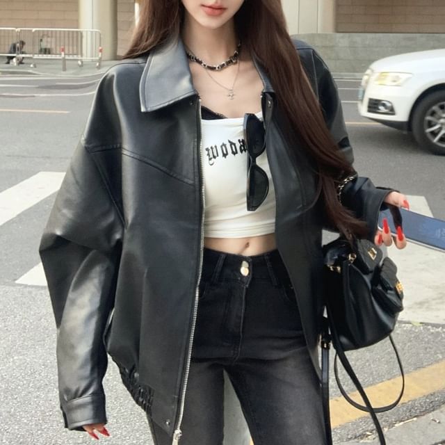Trendycas-Faux Leather Collared Zip-Up Jacket Various Designs