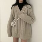 HW Studio V-Neck Plain Cable-Knit Oversized Sweater YesStyle