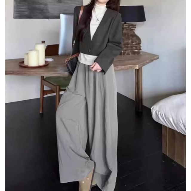 Trendycas-V-Neck Plain Single-Button Blazer Long-Sleeve Mock Neck T-Shirt High Rise Wide Leg Pants