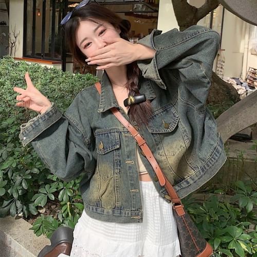 Collar Washed Denim Crop Button Jacket