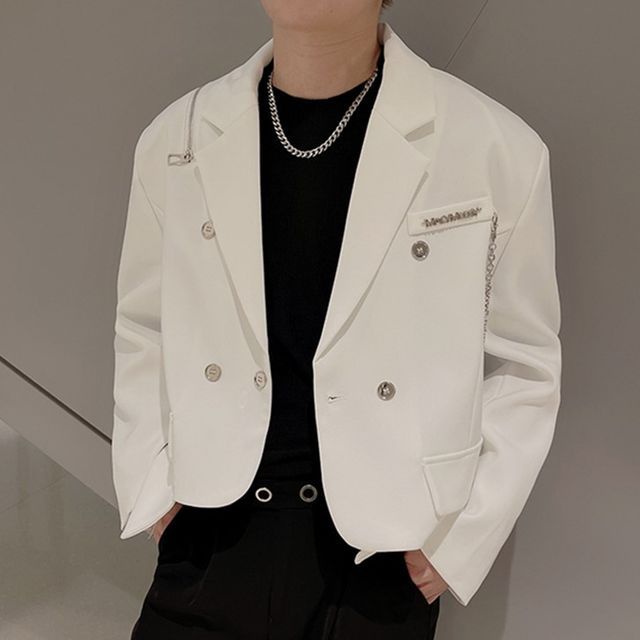 Freehop-Plain Chain Accent Cropped Double-Breasted Blazer