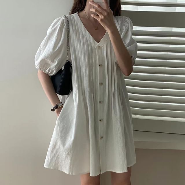 Coris-Short-Sleeve V-Neck Button-Up Plain Mini A-Line Dress