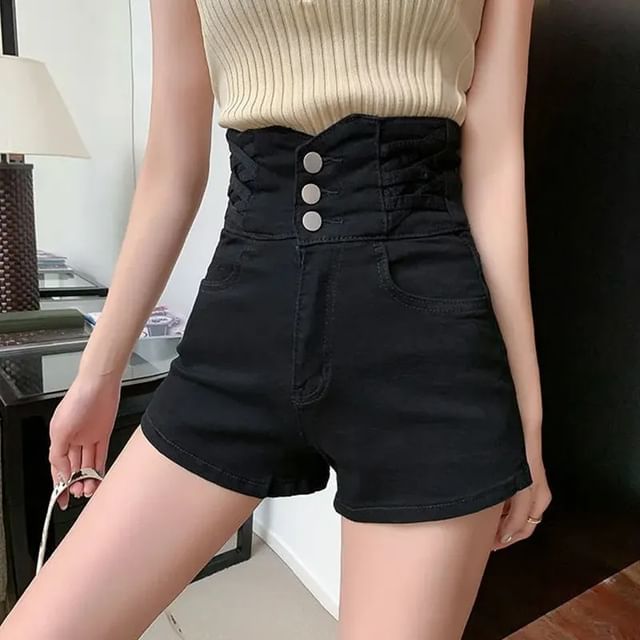 Maisee-High Waist Plain Denim Hot Pants