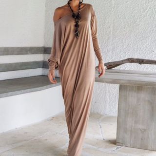 ALISO - Long Sleeve One Shoulder Loose Fit Plain Maxi Dress | YesStyle