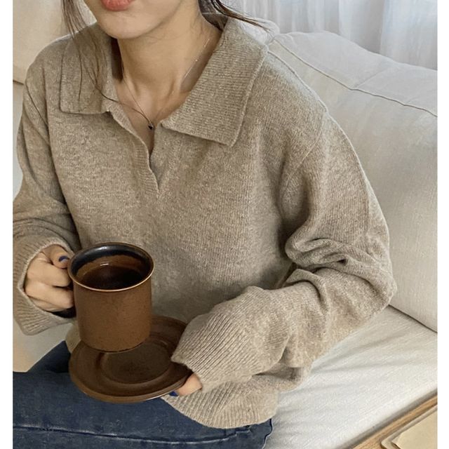PINPI-Long-Sleeve Plain Polo-Neck Sweater