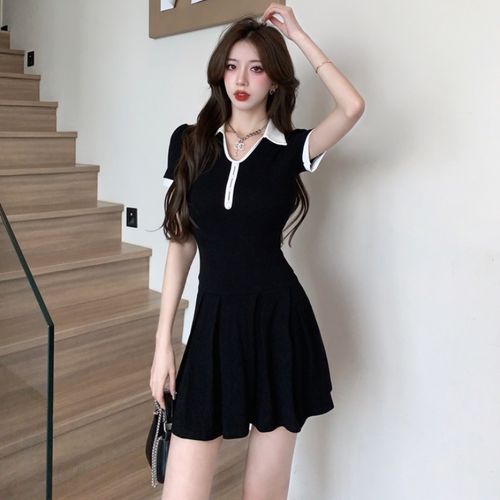 Xylienna - Short-Sleeve Two Tone Half-Zip Mini A-Line Polo