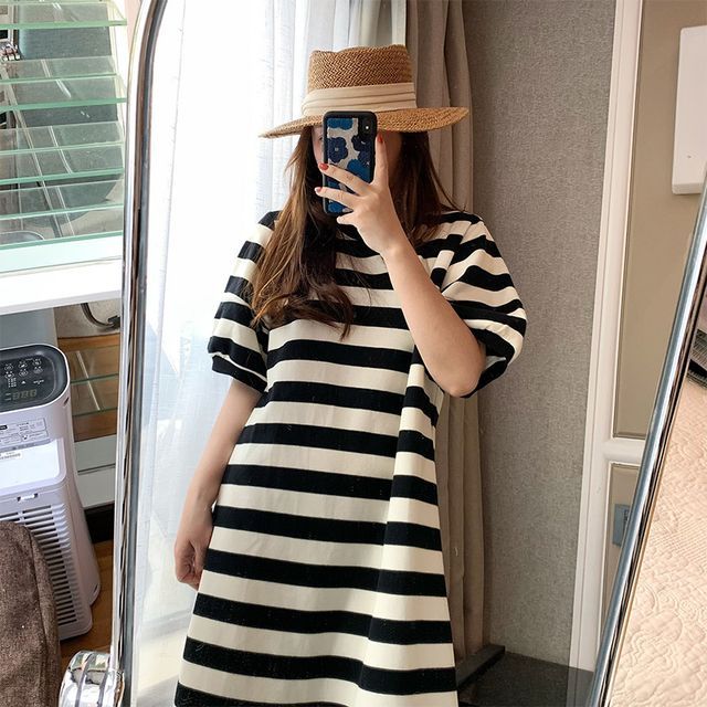 DIDILEER - Puff-Sleeve Striped Midi T-Shirt Dress | YesStyle