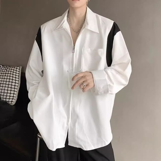 WidoWilder-Long-Sleeve Two Tone Zip-Up Shirt