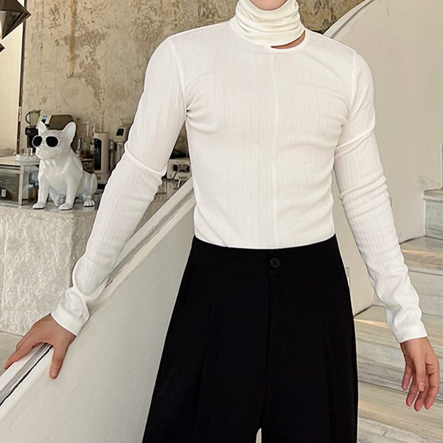 Omozando-Long-Sleeve Turtleneck Plain Cutout T-Shirt