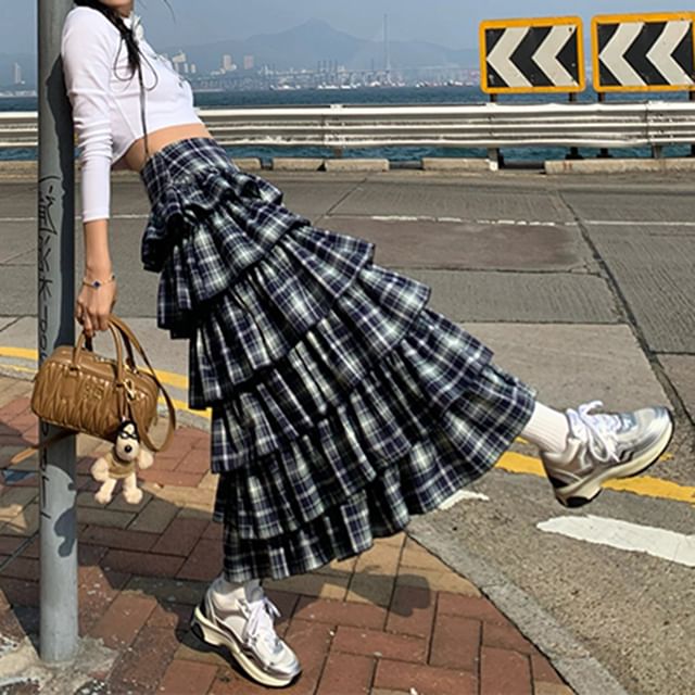 Hazie High Waist Plaid Tiered Maxi A-Line Skirt YesStyle