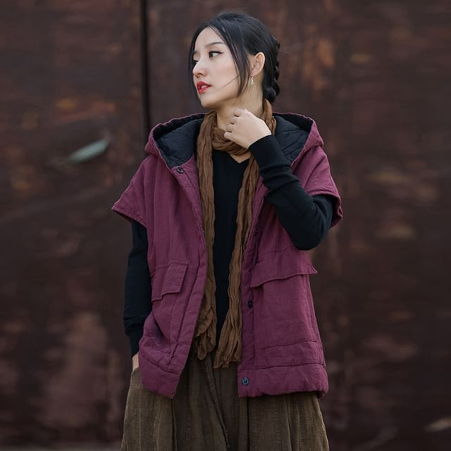 Lewwe-Short-Sleeve Plain Hooded Single-Breasted Jacket