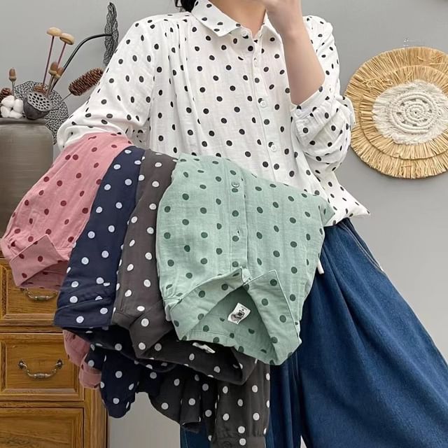 PANDAGO-Collared Dotted Shirt
